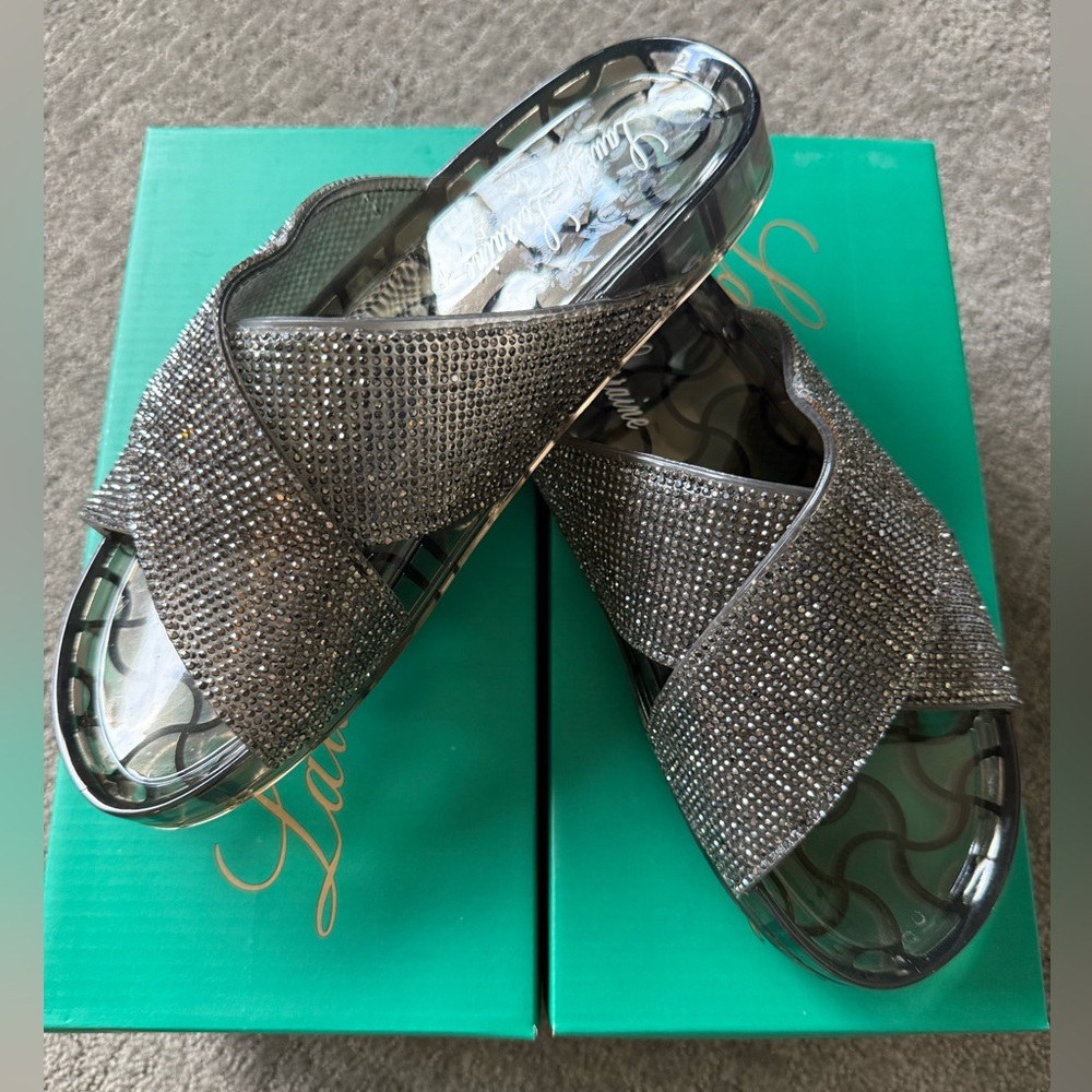 Lauren Lorraine ‘Jelly’ Rhinestone Slide Sandals – Black (NWT, With Box)